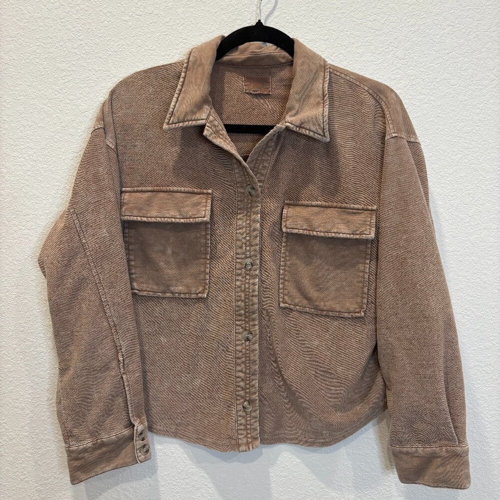 Brown Button Up Jacket Shirt Womens Medium Utility Shacket Pocket Front